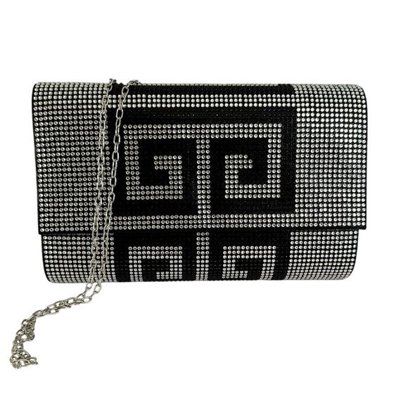 Greek Clutch Bag Rhinestone Embellished Black Silver Chain Purse Evening Party - Picture 1 of 12